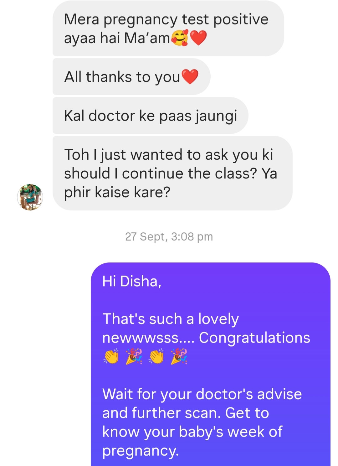 Client message about hormones and a happy conception